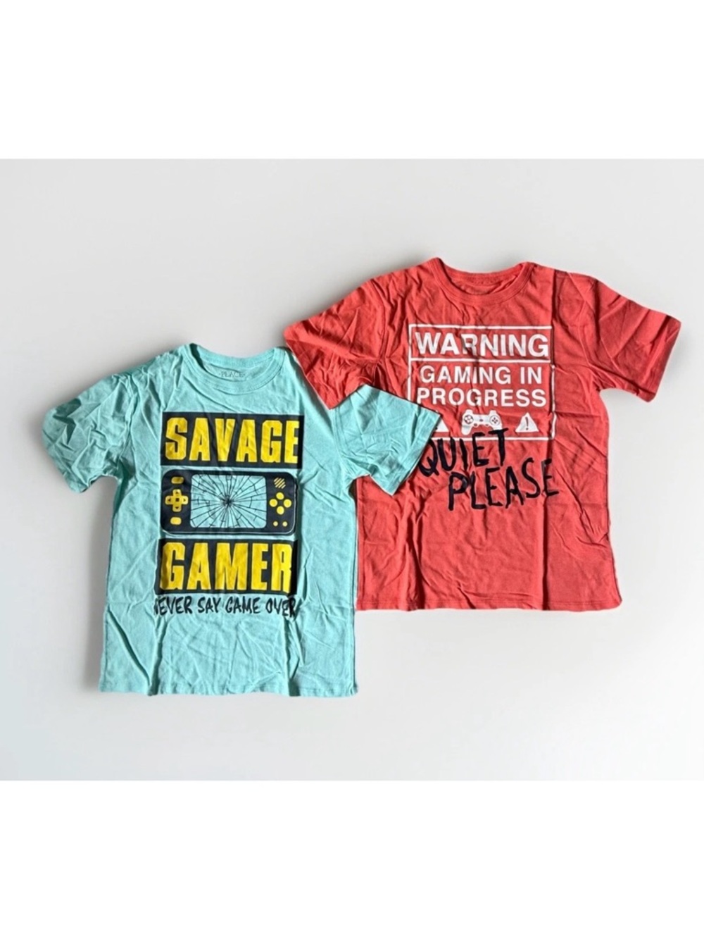2 NWT Place Kids' Sz 7/8 Gamer Graphic Tee T-Shirts Aqua and Coral Cotton Blend